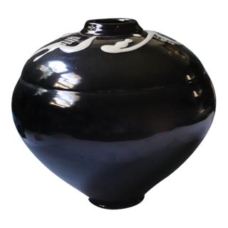 Large Signed Black and White Abstract Studio Pottery Vase For Sale
