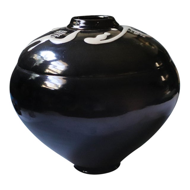 Large Signed Black and White Abstract Studio Pottery Vase For Sale