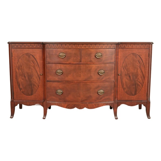 Romweber Antique Federal Inlaid Flame Mahogany Sideboard Credenza, Circa 1920s For Sale