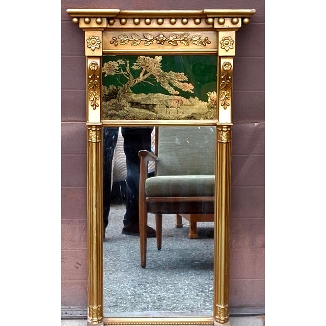Traditional Late 19th Century American Federal Style Vertical Trumeau Wall Mirror W/ Eglomise Reverse Painting For Sale - Image 3 of 10