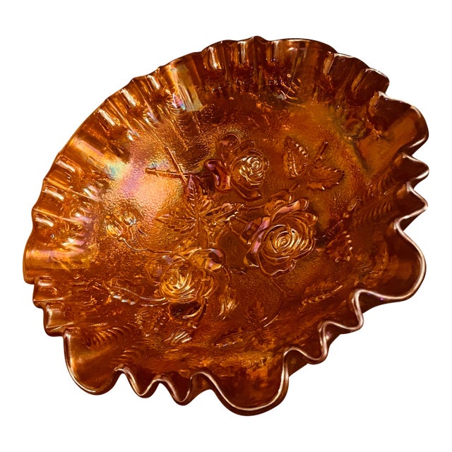 Vintage (Marked) “Imperial” Orange/Rose Gold Iridescent Tri-Foot Serving Dish For Sale