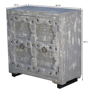 1990s Farmhouse Style Distressed Gray 2-Door Carved Wood Cabinet For Sale