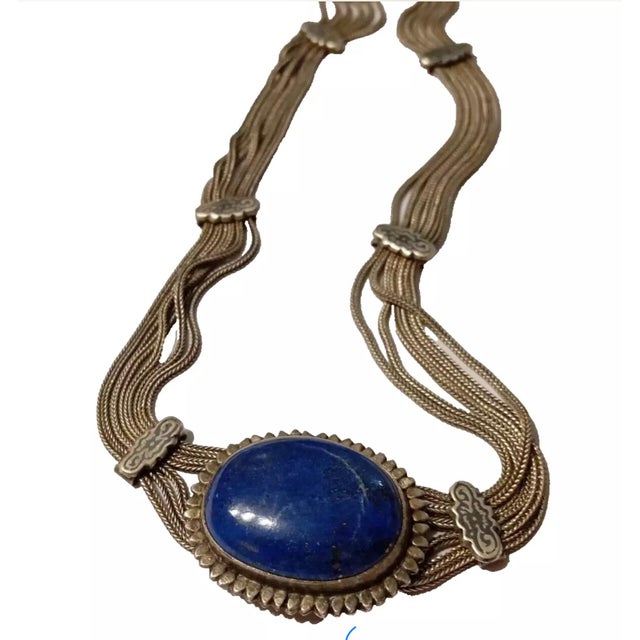 Contemporary Vintage Mid Century 1950s Silver Necklace Pendant Lapis Lazuli Cabochon Gemstone Collar Choker Blue Handmade For Sale - Image 3 of 12