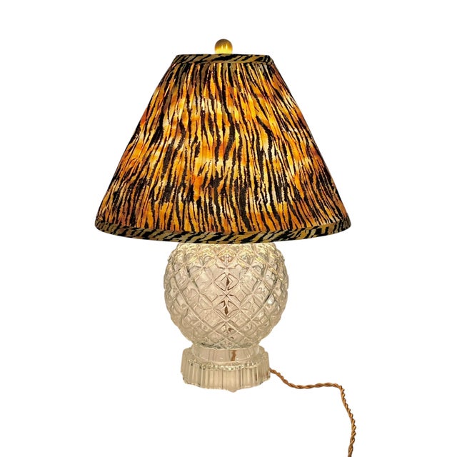 Brown Vintage Pressed Glass Table Lamp With Custom Scalamandre Style Tiger Print Shade For Sale - Image 8 of 11