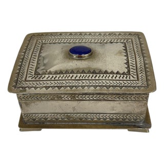 Vintage Silverplate Trinket Box With Blue Oval Center Stone For Sale