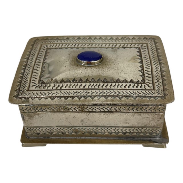 Vintage Silverplate Trinket Box With Blue Oval Center Stone For Sale