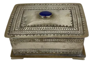 Vintage Silverplate Trinket Box With Blue Oval Center Stone