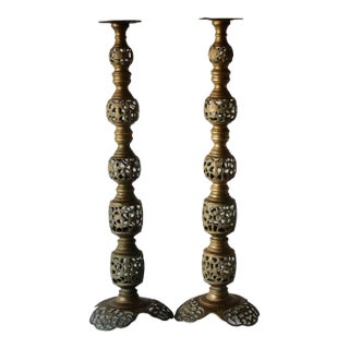 Vintage Altar Size Pierced Brass Floor Candlestick Holders Ornate Reticulated Design Mid Century For Sale