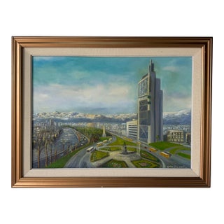 Vintage Efren De La Cort “Torre Telefónica” Chile Cityscape Oil on Canvas Painting, Framed For Sale