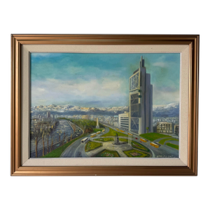 Vintage Efren De La Cort “Torre Telefónica” Chile Cityscape Oil on Canvas Painting, Framed