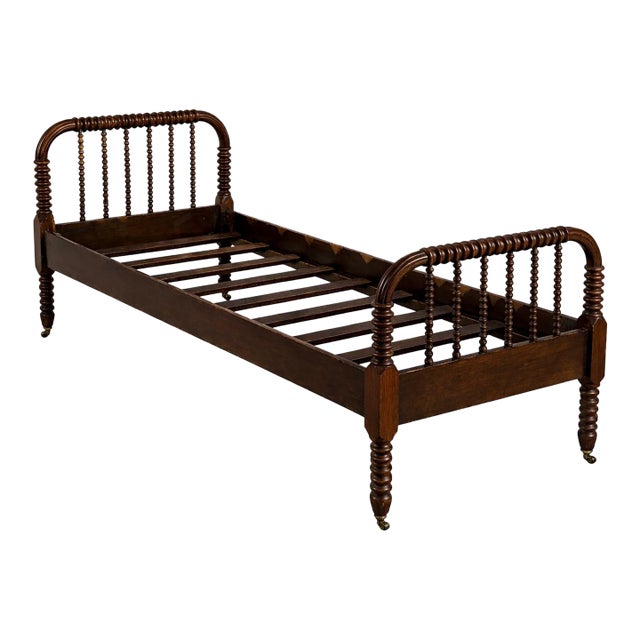 Antique Spool-Turned Twin Bed Frame With Original Casters – Late 19th Century Bobbin Bed, Solid Wood Cottage Americana For Sale