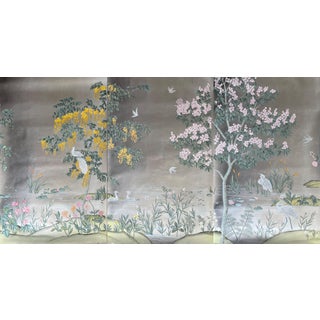 Silver Leaf Chinoiserie Hand-Painted Garden Mural With Peacocks & Egrets (Set of 3) For Sale