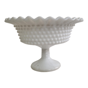 Large 1950s Ruffled Hobnail Milk Glass Pedestal Bowl