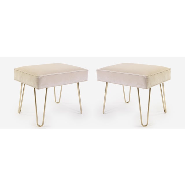 Mid-Century Modern Montage Ottomans on Brass Hairpin Legs - A Pair For Sale - Image 3 of 9