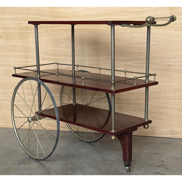 Wood Mid-Century Mahogany Wood and Brass Italian Serving Bar Cart, 1960s. Three level For Sale - Image 7 of 18