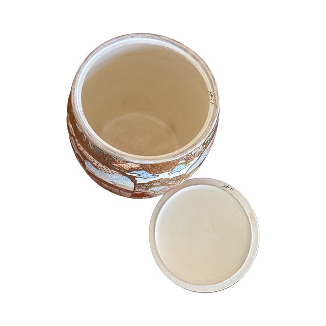 Mid 20th Century Japanese Satsuma Style Lidded Jar Hand Painted Moriage Figural Decor For Sale - Image 9 of 11