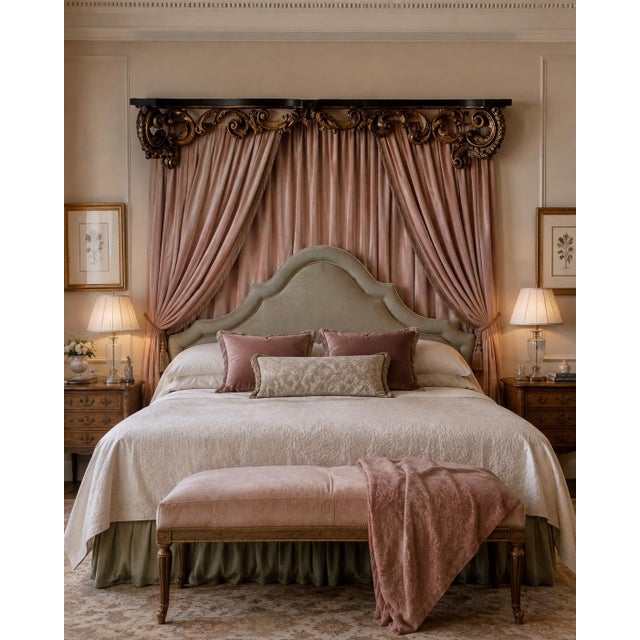 A dramatic carved giltwood bed cornice (tester), designed to mount above a headboard and dress the bed with draped curtain...