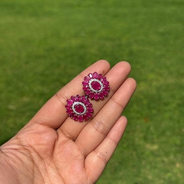 Luxury 10.21ct Ruby Bloom Diamond Halo Statement Stud Earrings in 14k Gold- A Pair For Sale - Image 9 of 16