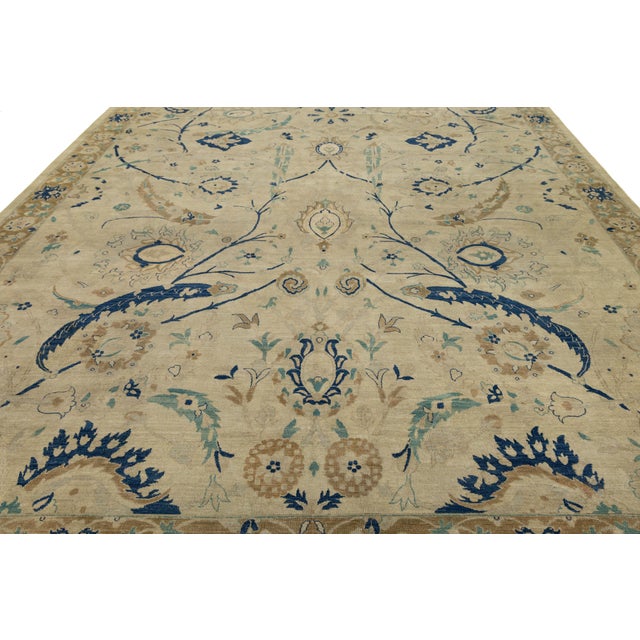 Persian Vintage Tabriz Style Wool Area Rug – Neutral Persian Design With Indigo Accents For Sale - Image 3 of 11