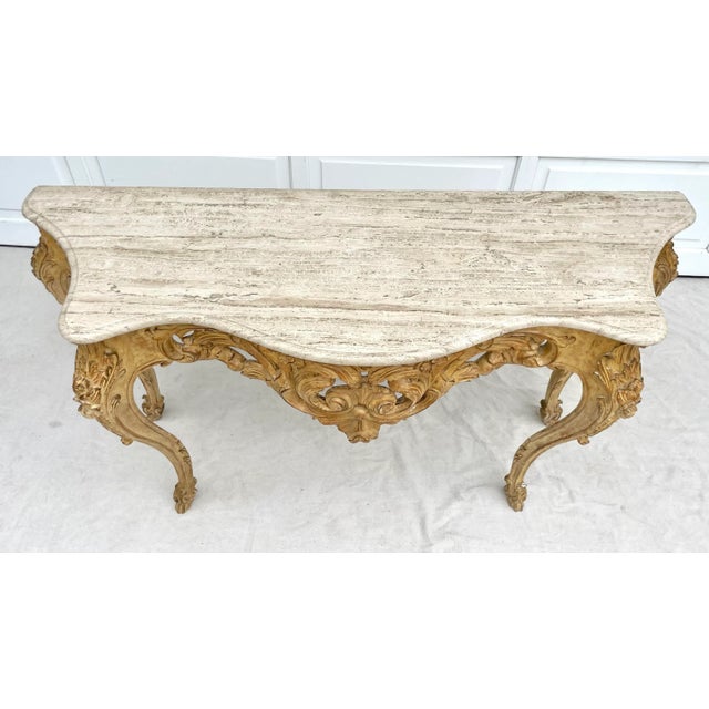 Italian Carved Wood and Travertine Serpentine Console Table Chairish