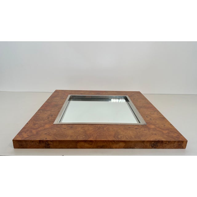 Square mirror in elm burl veneer and chrome by Willy Rizzo. Circa 1970 For Sale - Image 11 of 12