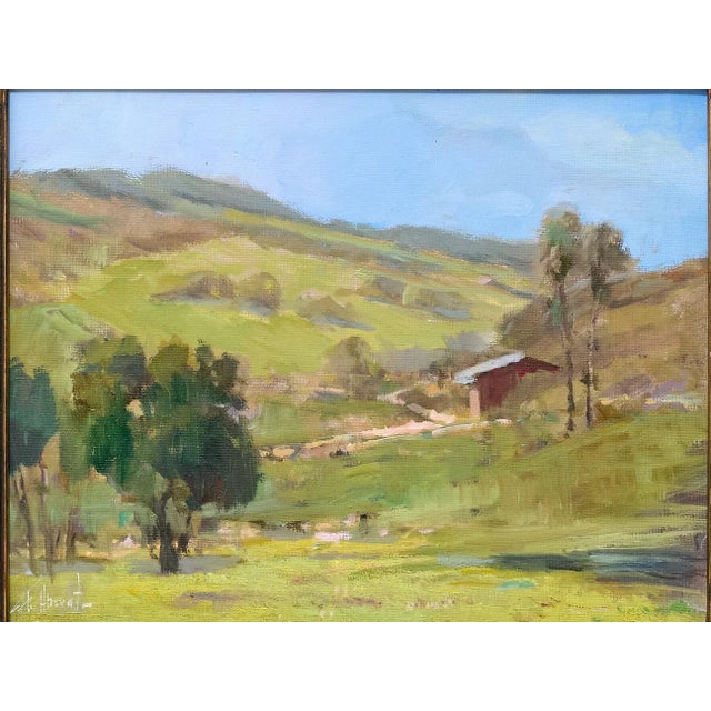 A beautiful original landscape painting by listed artist Felice Hrovat, depicting a sunlit rolling hillside with scattered...