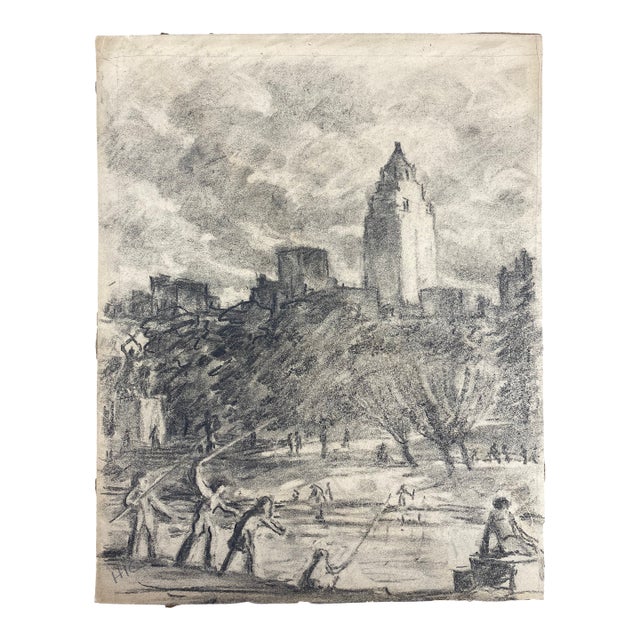 1930s Henry Ives Cobb Jr. Charcoal Drawing of Central Park For Sale