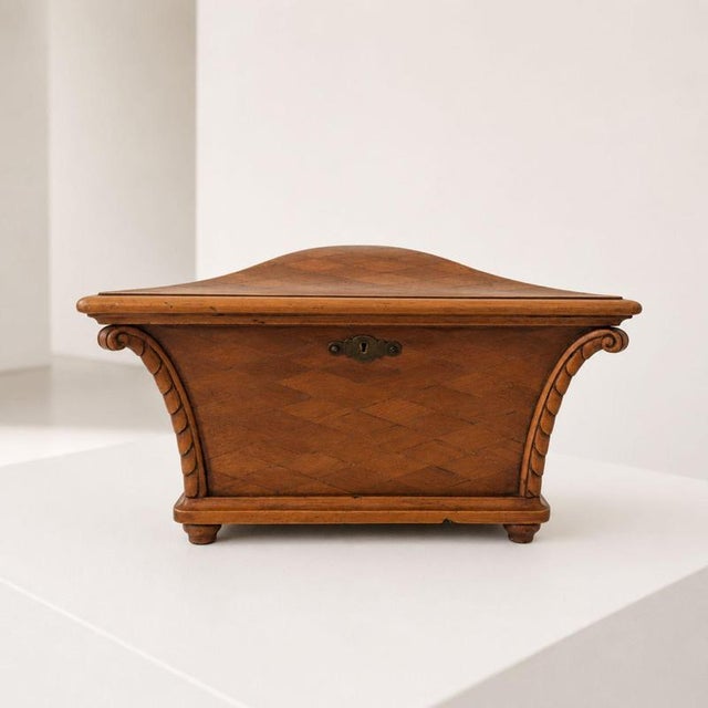 Mid-Century Modern Decorative Box Tea Caddy in Marquetry Wood anf Brass, Italy For Sale - Image 5 of 8