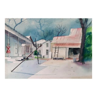 Vintage Mid Century Cityscape Watercolor Painting For Sale