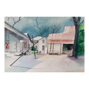 Vintage Mid Century Cityscape Watercolor Painting