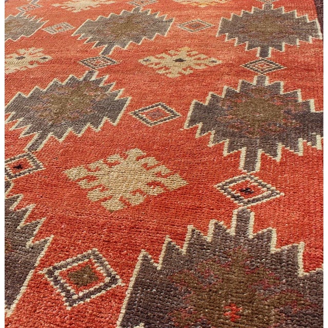 Mid 20th Century Turkish Vintage Tulu Rug With Geometric Medallions in Orange, Butter, Gray and Brown For Sale - Image 5 of 7