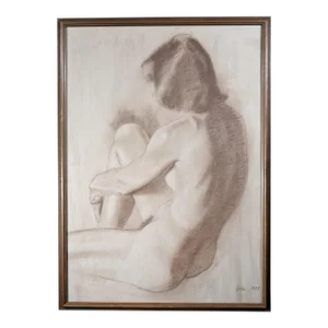Randall Lake Original Framed Charcoal Drawing of a Nude Woman 1970s