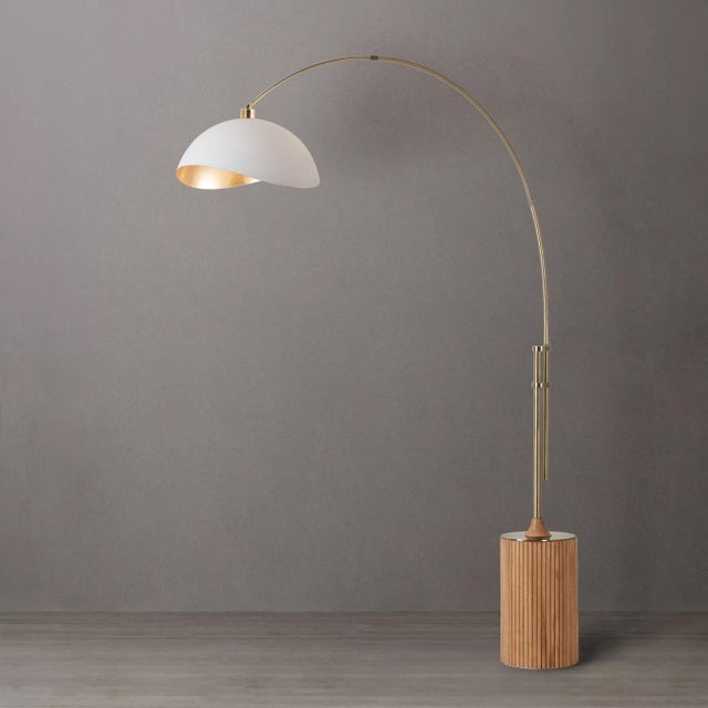 Mid-Century Modern 1980s Adjustable Nova of California Tambo Brass Floor Lamp - 92" Mid-Century Modern, Brass Frame, White/Gold Shade, Ash Wood Base For Sale - Image 3 of 4