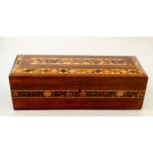 An antique fine quality handcrafted English micro mosaic tunbridge ware box. This lovely late 19th-Century box is made of...
