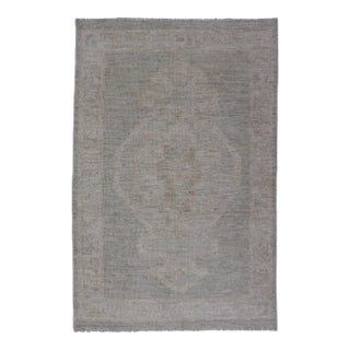 Modern Oushak With Off Gray Background With a Large Tribal Medallion in Cream For Sale