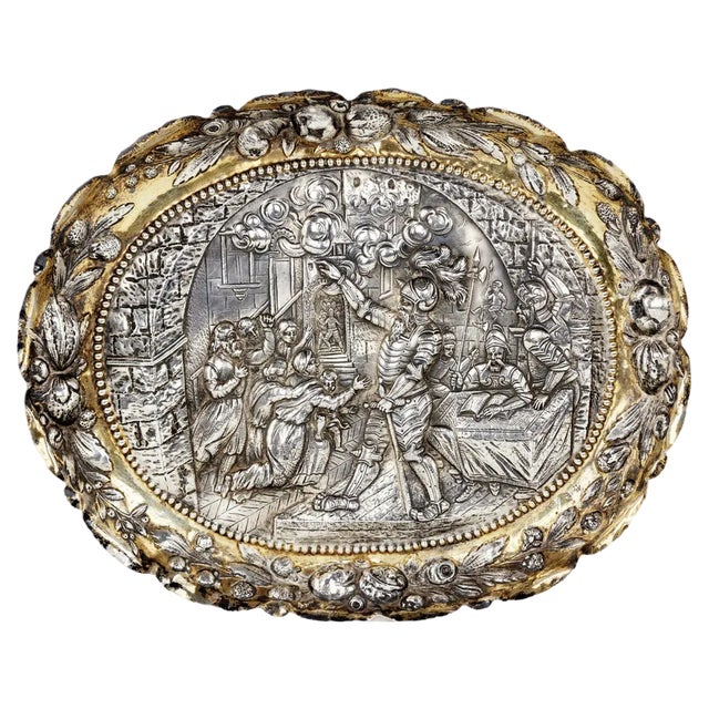 Silver Decorative Dish with Scene of a Knights Court, 19th Century For Sale