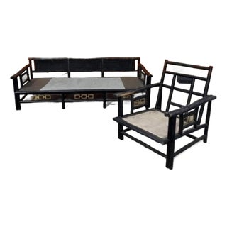 1950s James Mont Style Asian Modern Faux Bamboo Sofa & Lounge Chair — 2-Piece Set For Sale