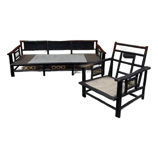 1950s James Mont Style Asian Modern Faux Bamboo Sofa & Lounge Chair — 2-Piece Set For Sale