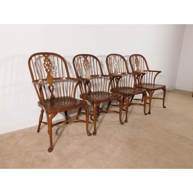 Vintage Baker Furniture Set of 4 Queen Anne Dark Oak Windsor Arm Chairs For Sale - Image 11 of 14
