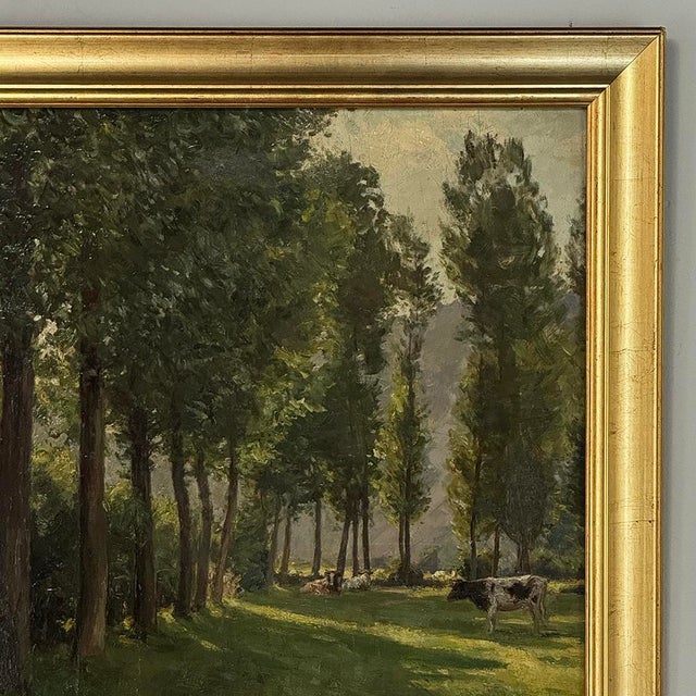 Dark Green Antique Belgian Oil on Canvas Painting “Cows Grazing” by Xavier Wurth (1869-1933) For Sale - Image 8 of 15