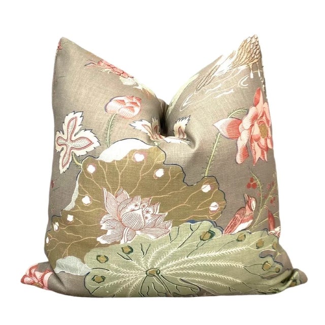 This lovely classic print has soothing shades of pale green, tan, off white and coral on a taupe ground. This fabric looks...
