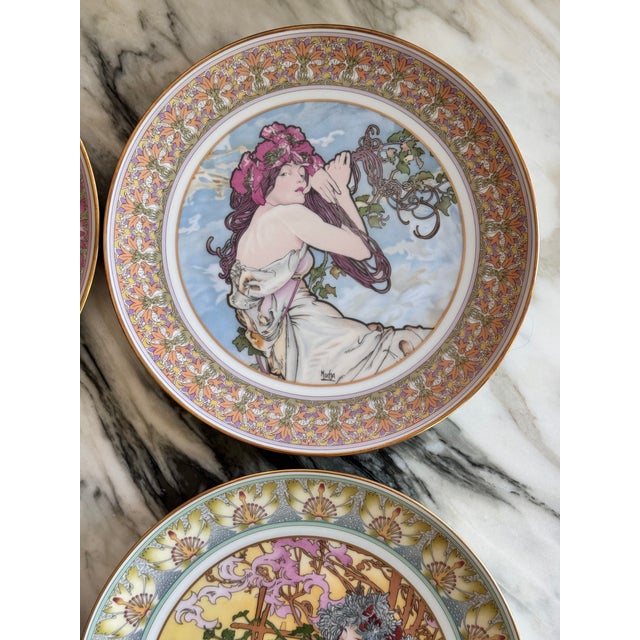 1985 Alphonse Mucha Art Nouveau Ladies of the Seasons Decorative Wall Plates - Set of 4 For Sale In Seattle - Image 6 of 18