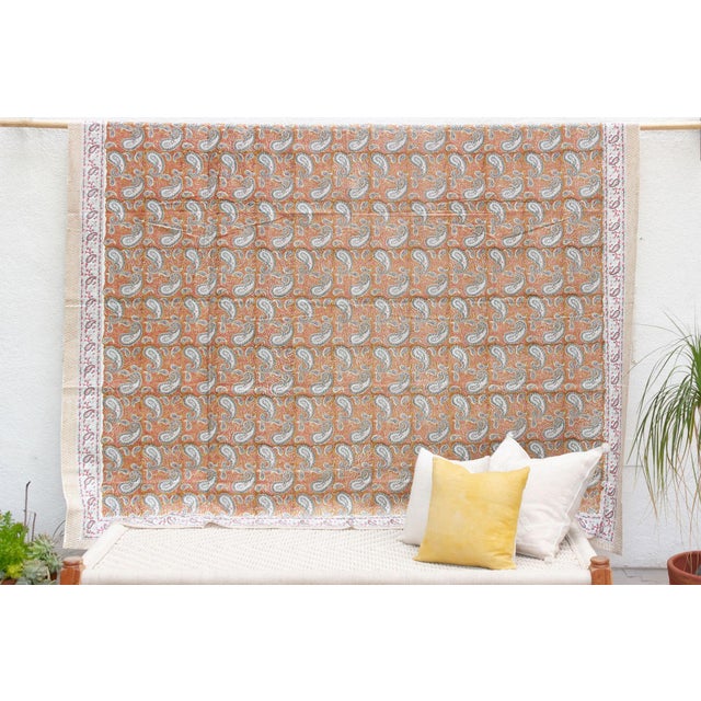Teal Paisley, Hand Blockprint Cotton Coverlet For Sale In Los Angeles - Image 6 of 6