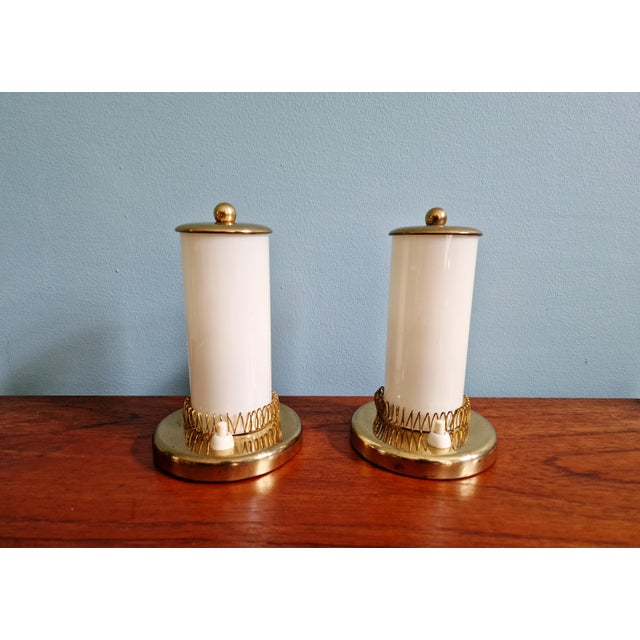 Mid-Century Modern Bedside Lamps in Brass and Cream Opaline Glass, 1950, Set of 2 For Sale - Image 16 of 16