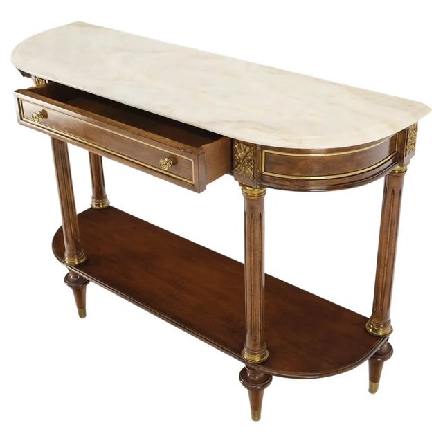 Neo Classical Walnut Brass Marble Top Demi Lune Shape Drawer Console Sofa Table For Sale - Image 13 of 13