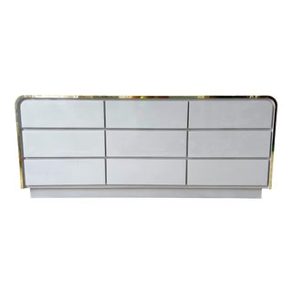 Post Modern Grey Lacquer Laminate Waterfall Dresser With Gold Trim For Sale