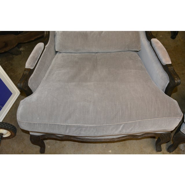 Restoration Hardware Restoration Hardware Pair Lorraine Gray Velvet Wing Back Bergere Arm Chairs W/ Wood Surround For Sale - Image 4 of 17