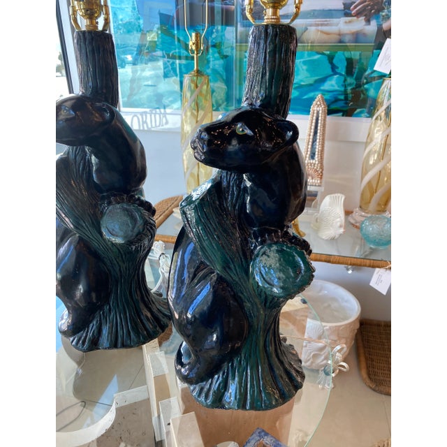 1960s Vintage Pair of Mid-Century Modern Plaster Black Panther Cat Table Lamps For Sale - Image 5 of 13