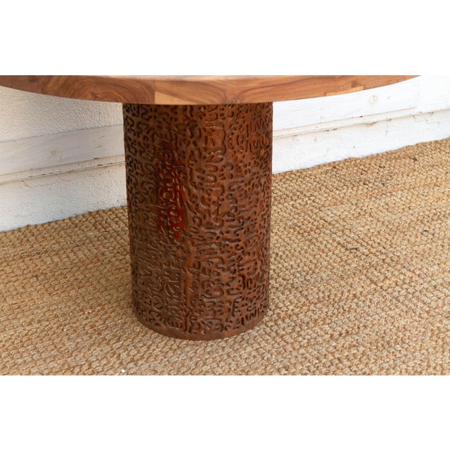 Finely Carved Reclaimed Teak Round Pedestal Dining Table For Sale - Image 4 of 12