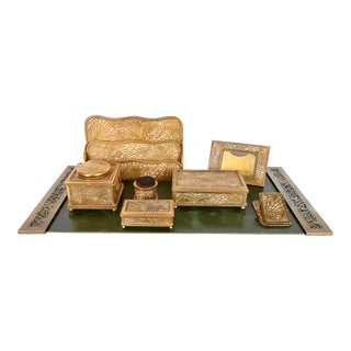 Tiffany Studios New York Pine Needle Bronze Doré and Slag Glass Eight-Piece Desk Set, Circa 1910 For Sale